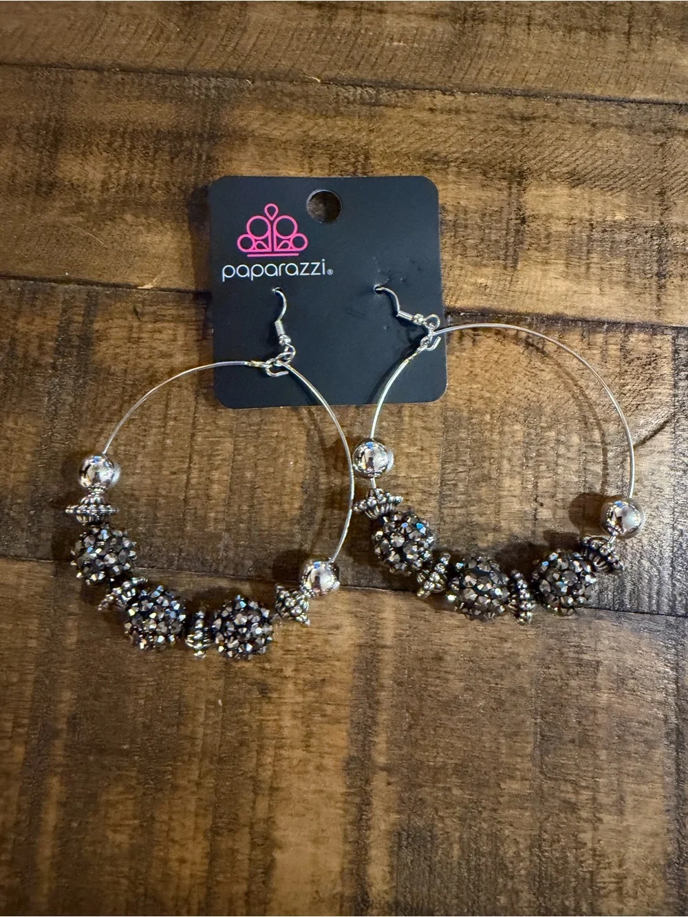 paparazzi Silver Hoop Earrings with Black Sparkle Cluster Beads